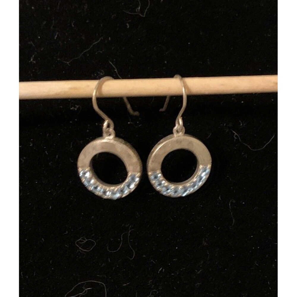 Vintage JC Sterling Silver Open Circle Dangle Earrings Blue Cubic Zirconia
